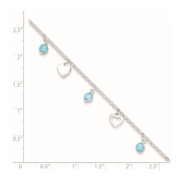 925 Sterling Silver 9" Heart Charm and Blue Glass Plus1" ext. Jewelry Anklet - Picture 2 of 8